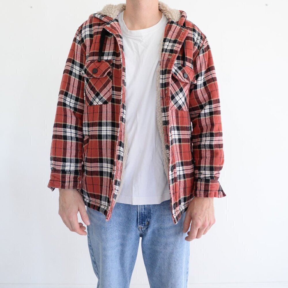 Vintage Nt Maroon Black Checker Hooded Outdoor Gorpcore Snap Button Shacket S